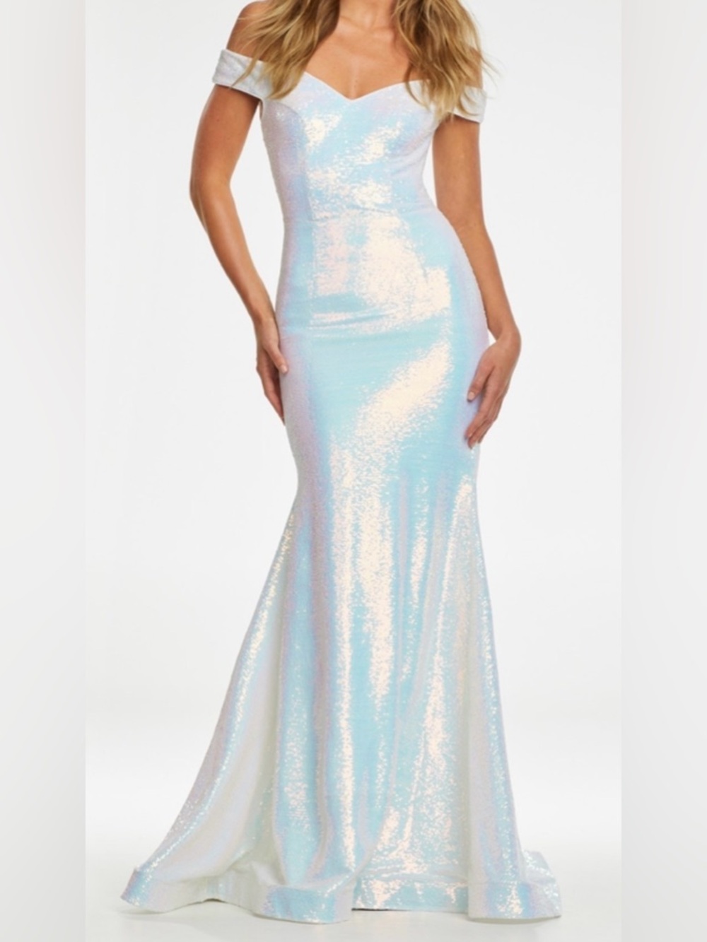 Iridescent White Off-Shoulder Sequin Prom Gown
